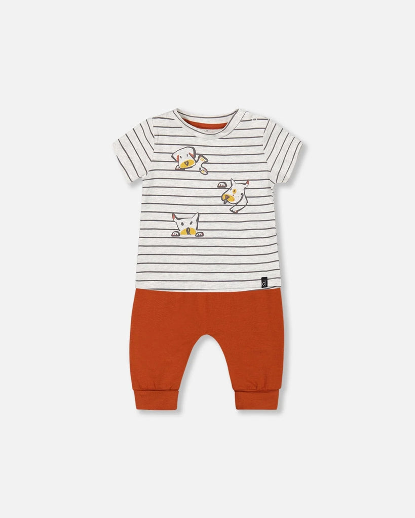 Deux Par Deux Organic Cotton Top And Evolutive Pant Set - Oatmeal And Cinnamon Puppy Deux Par Deux Organic Cotton Top And Evolutive Pant Set - Oatmeal And Cinnamon Puppy